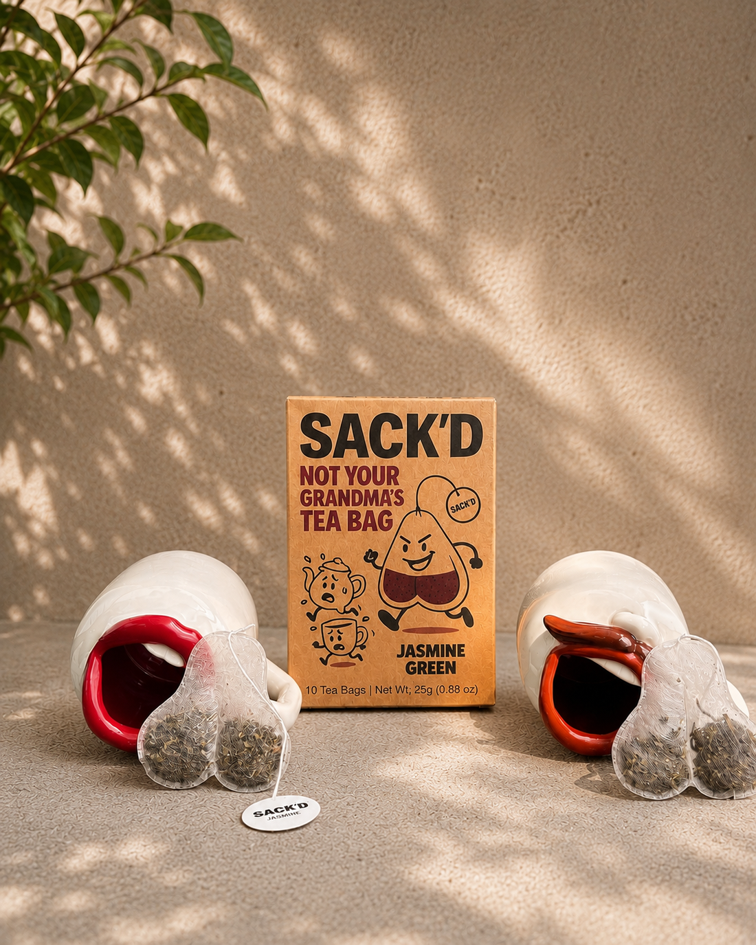 SACK'D Jasmine Green tea box with two lip-shaped mugs and novelty tea bags