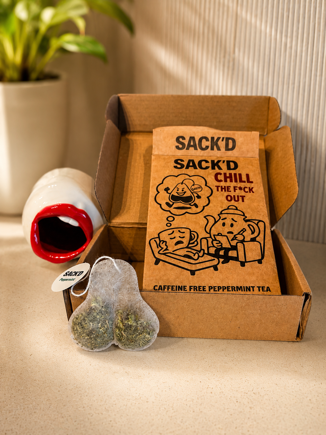Open SACK'D peppermint tea box beside a lip-shaped mug and a novelty tea bag